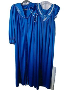 Shadowline Peignoir Set Robe & Gown Size Medium Cobalt Blue Vintage